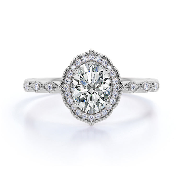 1.5 Carat Vintage Art Deco Oval Fire Moissanite & Diamond Halo Wedding Ring in Rose Gold