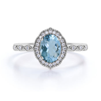 1.5 Carat Vintage Art Deco Oval Aquamarine & Diamond Pave Halo Wedding Ring in White Gold