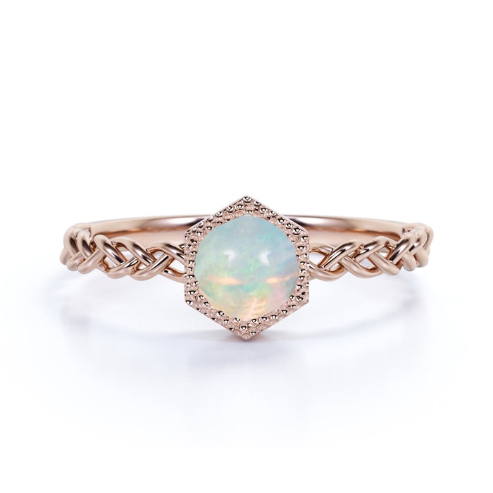 Unique Bezel Set 1 Carat Natural Round Blue Fire Opal Braided Band Solitaire Engagement Ring in Rose Gold