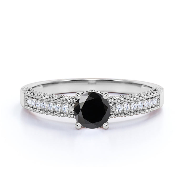 Classic Vintage 1 Carat Round Cut Black Diamond and White Diamond Accents Milgrain Engagement Ring in White Gold