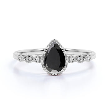 Classic Milgrain Pear Shaped Black Diamond with White Diamond Accents Scalloped Engagement Ring in White Gold