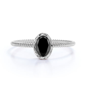 Minimalist Bezel Set 1 Carat Oval Cut Black Diamond Twist Solitaire Engagement Ring in White Gold