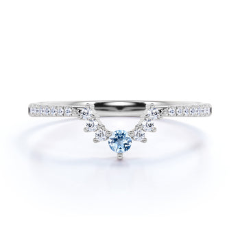 Vintage .65 Carat Round Aquamarine & Diamond Dainty Stacking Wedding Ring Band in White Gold