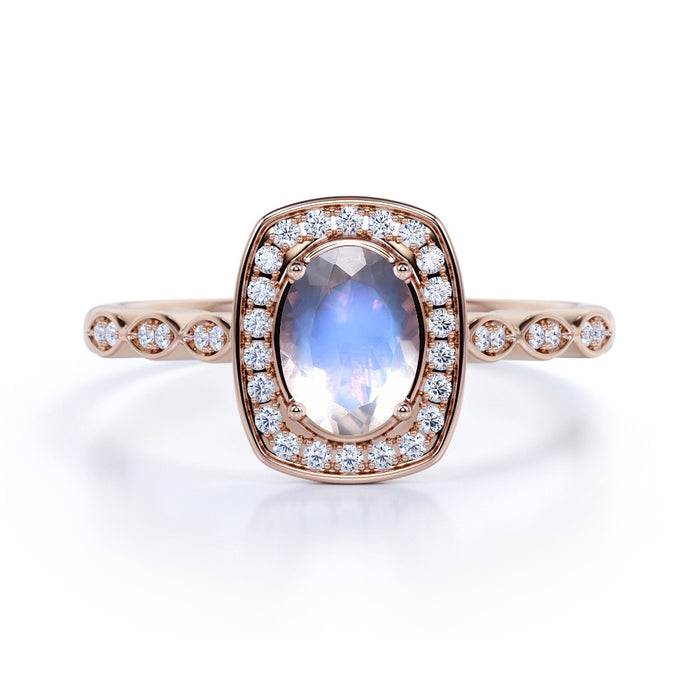 1.50 Carat Art Deco Bezel Oval Cut Blue Moonstone & Diamond Halo Engagement Ring Rose Gold