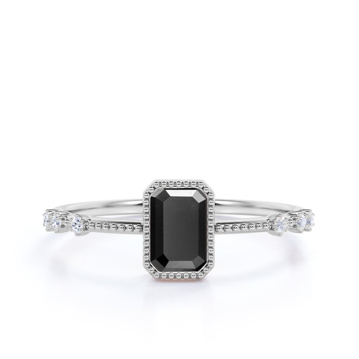 Unique 1.5 Carat Emerald Cut Black Diamond and White Diamond Milgrain Engagement Ring in White Gold