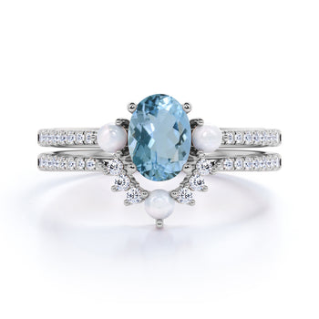 Antique 1.50 Carat Oval Aquamarine, Pearl & Diamond Vintage Bridal Ring Set in White Gold