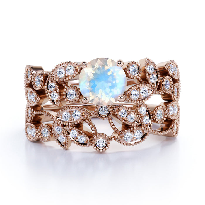 1.34 Carat Vintage Round Rainbow Moonstone & Diamond Flower Wedding Ring Set in Rose Gold