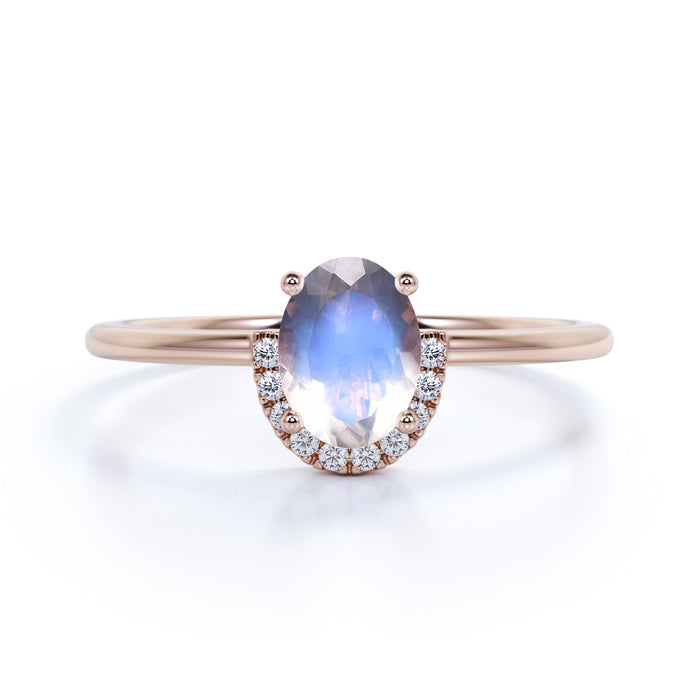 Antique Artdeco .75 Oval Blue Moonstone & Diamond Halo Engagement Ring in Rose Gold