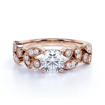 Vintage 1.25 Carat Round Fire Moissanite & Diamond Milgrain Flower Wedding Set in Rose Gold