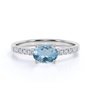 Pave 1.5 Carat Vintage Oval Cut Aquamarine & Diamond Cluster Wedding Ring in White Gold