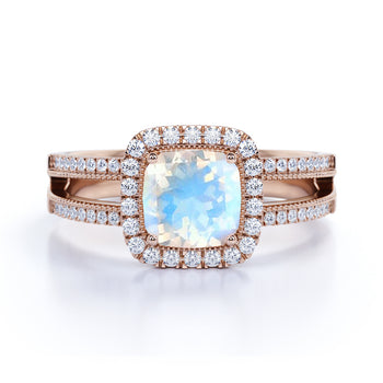 Vintage 1.50 Carat Cushion Cut Rainbow Moonstone & Diamond Halo Wedding Ring in Rose Gold