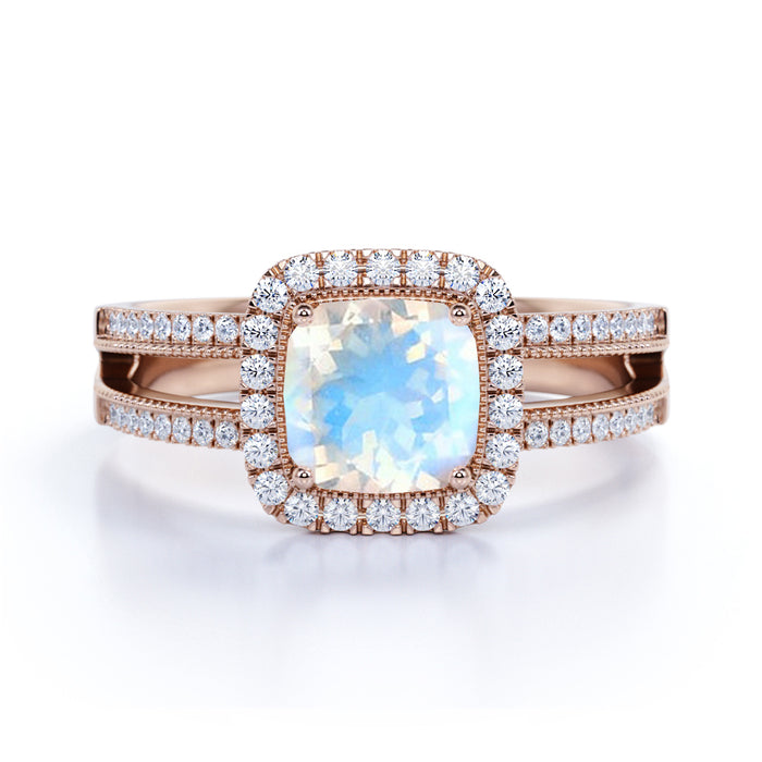 Vintage 1.50 Carat Cushion Cut Rainbow Moonstone & Diamond Halo Wedding Ring in Rose Gold