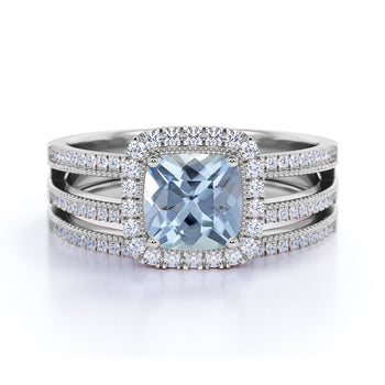 Antique 1.75 Carat Cushion Cut Aquamarine & Diamond Pave Wedding Ring Set in White Gold