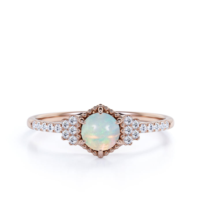 1.5 Carat Real Round Fire Opal and Pave Diamond Accents Cluster 6 Prong Engagement Ring in Rose Gold