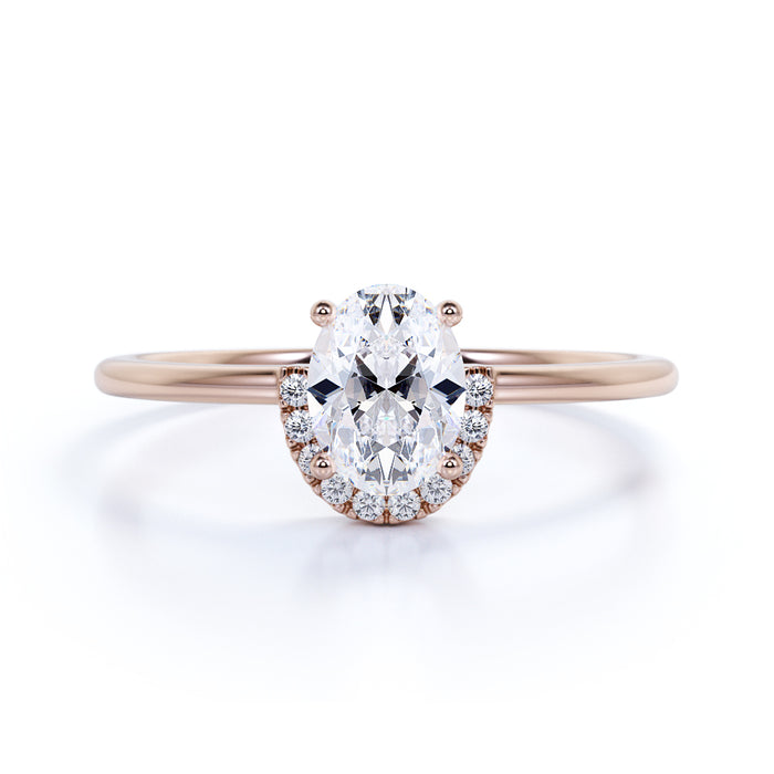 Simple 1.25 Carat Oval Fire Moissanite & Diamond Vintage Halo Engagement Ring in Rose Gold