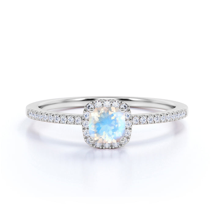 0.75 Carat Genuine Rainbow Moonstone & Diamond Cluster Halo Wedding Ring in Rose Gold