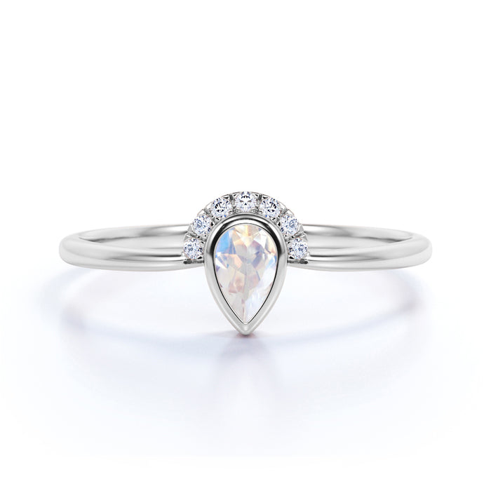 .75 Carat Bezel Set Art Deco Teardrop Rainbow Moonstone & Diamond Promise Ring in Rose Gold