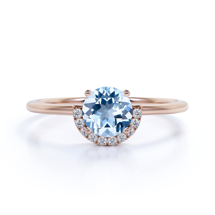 Simple 0.75 Carat Round Aquamarine & Diamond Vintage Antique Promise Ring in White Gold