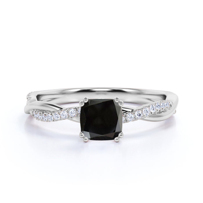 1.5 Carat Cushion Cut Black Diamond and Pave White Diamond Twist Engagement Ring in White Gold