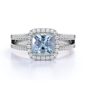 Antique 1.5 Carat Cushion Cut Aquamarine & Diamond Vintage Halo Split-Shank Engagement Ring in White Gold