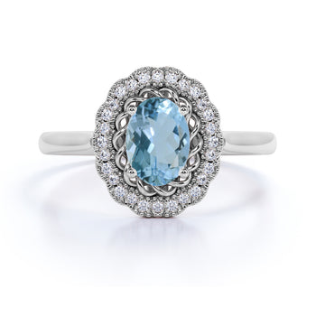 1.50 Carat Antique Oval Aquamarine & Diamond Vintage Halo Engagement Ring in White Gold