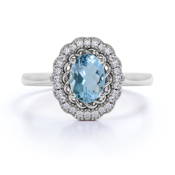 1.50 Carat Antique Oval Aquamarine & Diamond Vintage Halo Engagement Ring in White Gold