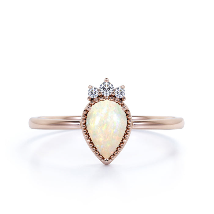 1.25 Carat Genuine Elegant Pear Shaped Blue Fire Opal and Diamond Crown Engagement Ring in Rose Gold