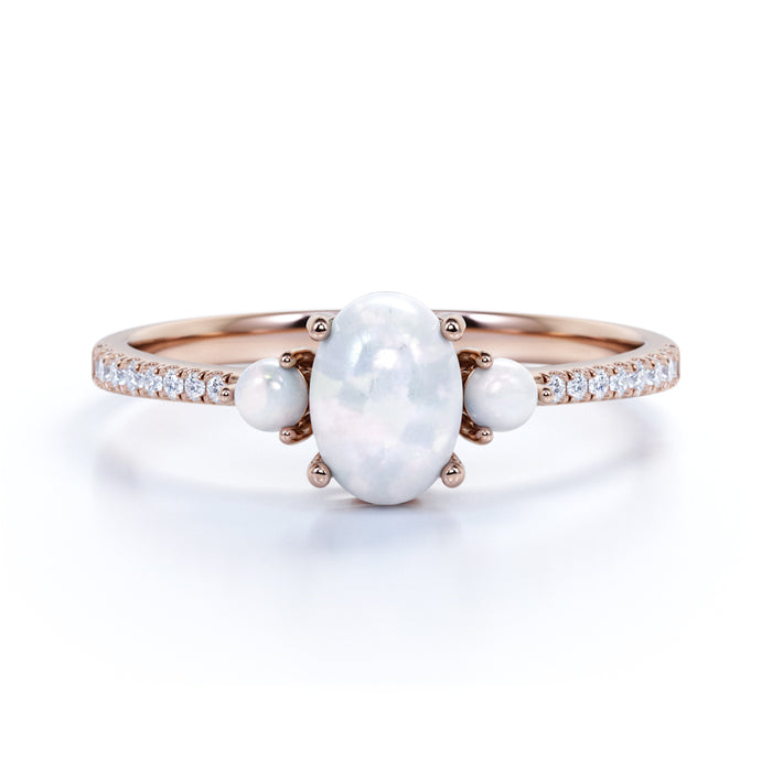 Antique .95 Carat Natural Pearl & Moissanite 3 Stone Pave Engagement Ring in Rose Gold