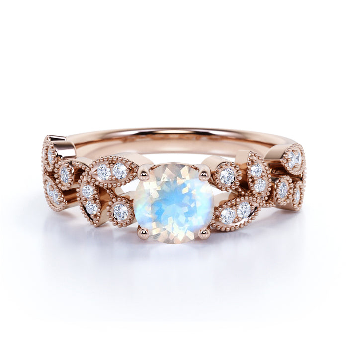 Vintage 1.9 Carat Real Round Rainbow Moonstone & Diamond Floral Bridal Ring in Rose Gold