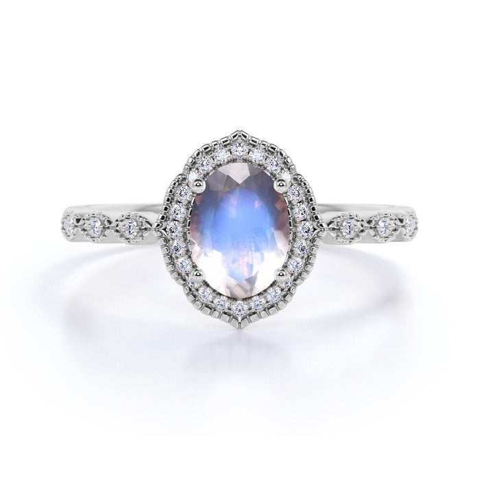 1.5 Carat Vintage Art Deco Oval Blue Moonstone & Diamond Halo Wedding Ring in Rose Gold