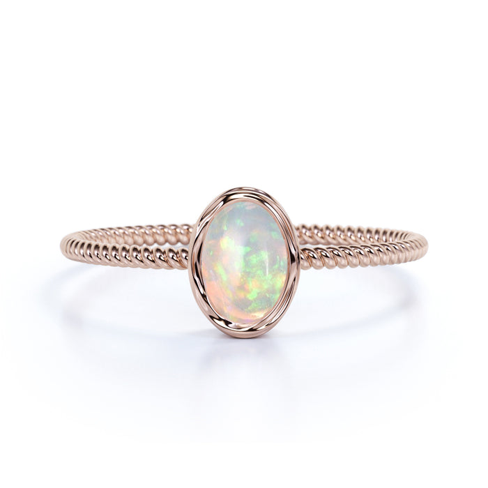 Minimalist Bezel Set 1 Carat Natural Oval Welo Opal Twist Solitaire Engagement Ring in Rose Gold