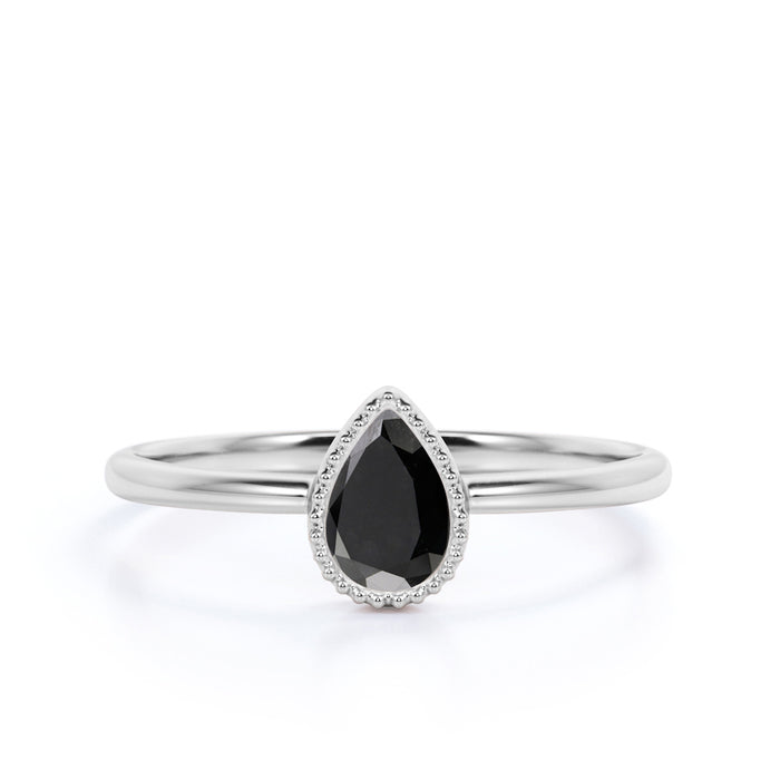 Simple 1 Carat Bezel Set Pear Cut Black Diamond Solitaire Engagement Ring in White Gold