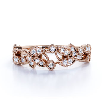 Vintage Floral .25 Carat Round Moissanite Stackable Milgrain Wedding Band in Rose Gold