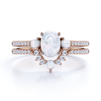 Antique 1.50 Carat Natural Pearl & Moissanite Vintage Wedding Ring Set in Rose Gold