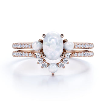 Antique 1.50 Carat Natural Pearl & Moissanite Vintage Wedding Ring Set in Rose Gold