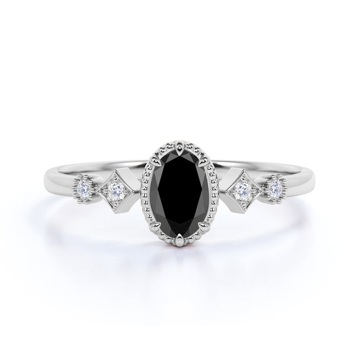 1.5 Carat Oval Cut Black Diamond and White Diamond Accents Milgrain 5 Stone Engagement Ring in White Gold