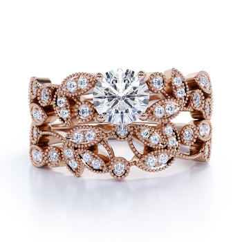 1.34 Carat Vintage Round Fire Moissanite & Diamond Flower Wedding Ring Set in Rose Gold