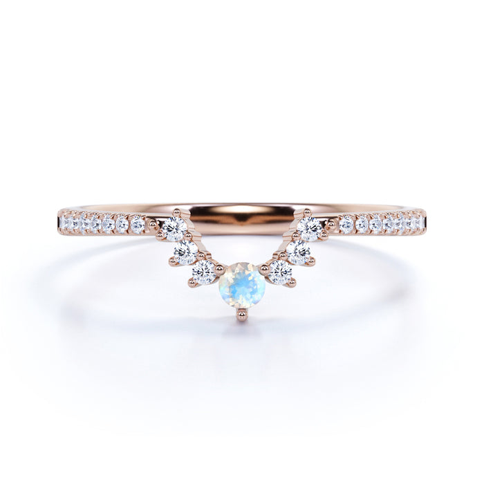 Vintage 0.65 Carat Round Rainbow Moonstone & Diamond Stacking Wedding Ring Band in Rose Gold