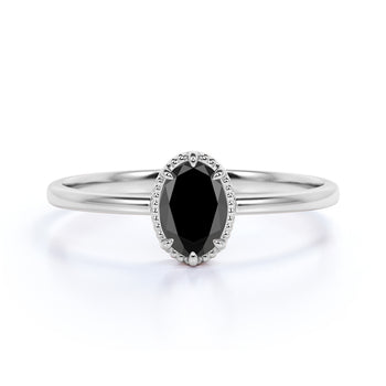1 Carat Simple Oval Cut Black Diamond Vintage Solitaire Engagement Ring in White Gold