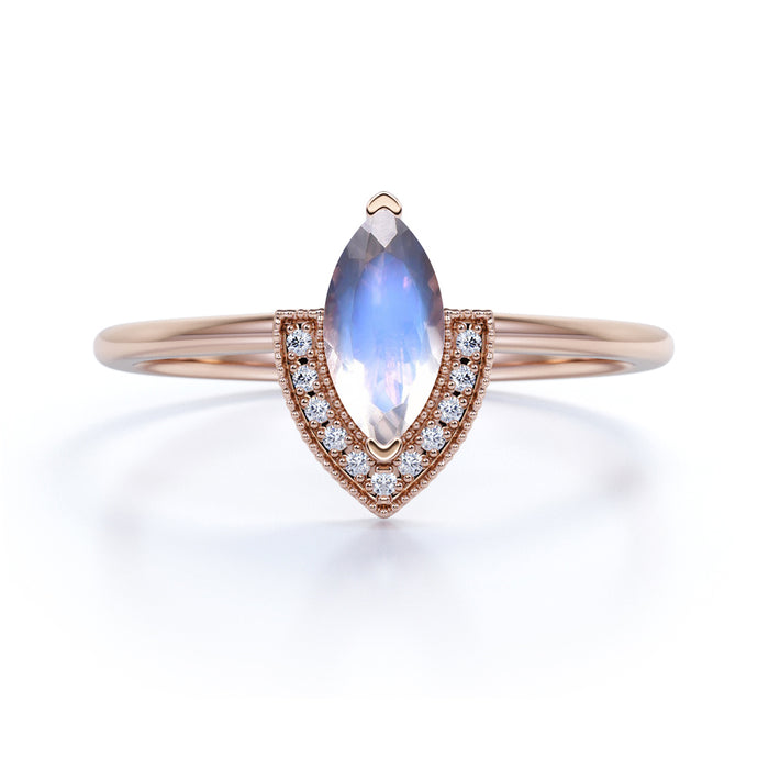 Vintage 0.75 Carat Marquise Cut Blue Moonstone & Diamond Halo Promise Ring in Rose Gold