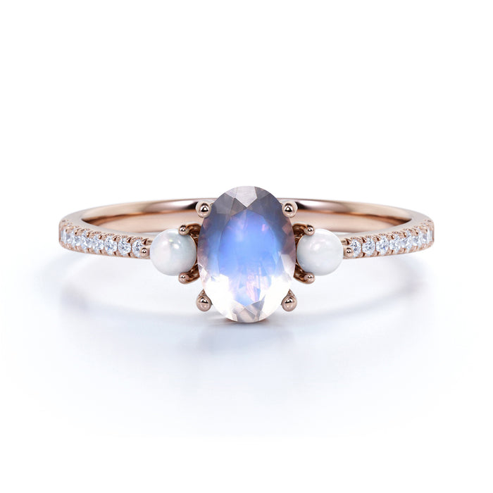 Antique .95 Carat Oval Blue Moonstone, Pearl & Diamond 3 Stone Wedding Ring in Rose Gold