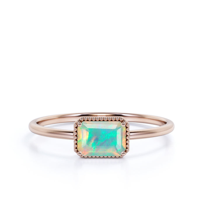 Minimalist 1 Carat Real Baguette Cut Rainbow Opal Simple Solitaire Engagement Ring in Rose Gold