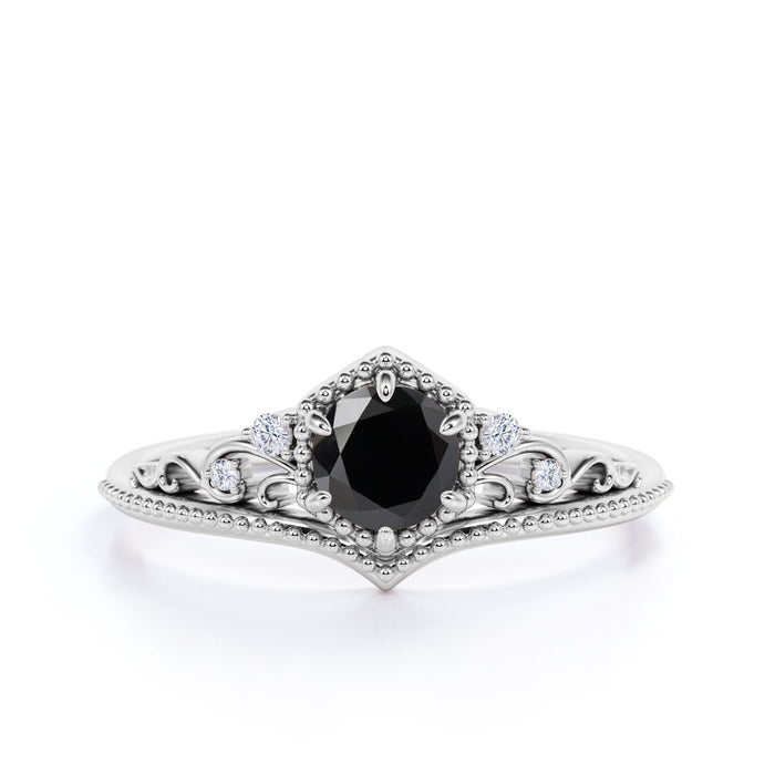 1.25 Carat Antique Floral Milgrain Round Black Diamond and White Diamond Accents Vintage Engagement Ring in White Gold