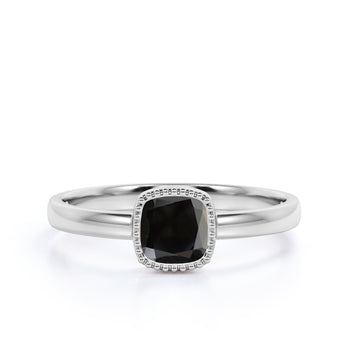 1 Carat Simple Bezel Set Cushion Cut Black Diamond Minimalist Solitaire Engagement Ring in White Gold