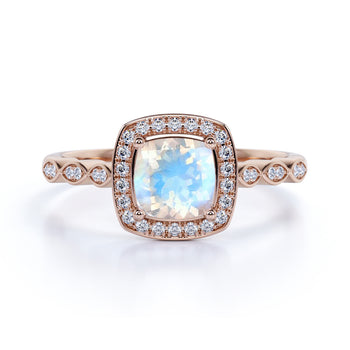 Artdeco 1.50 Carat Cushion Cut Rainbow Moonstone & Diamond Vintage Wedding Ring in Rose Gold