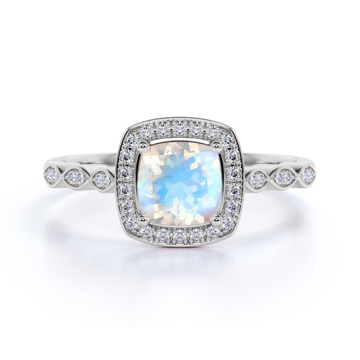 Artdeco 1.50 Carat Cushion Cut Rainbow Moonstone & Diamond Vintage Wedding Ring in Rose Gold