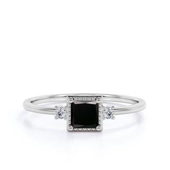 Vintage 1.5 Carat princess Cut Black Diamond and White Diamond Accents 3 Stone Engagement Ring in White Gold