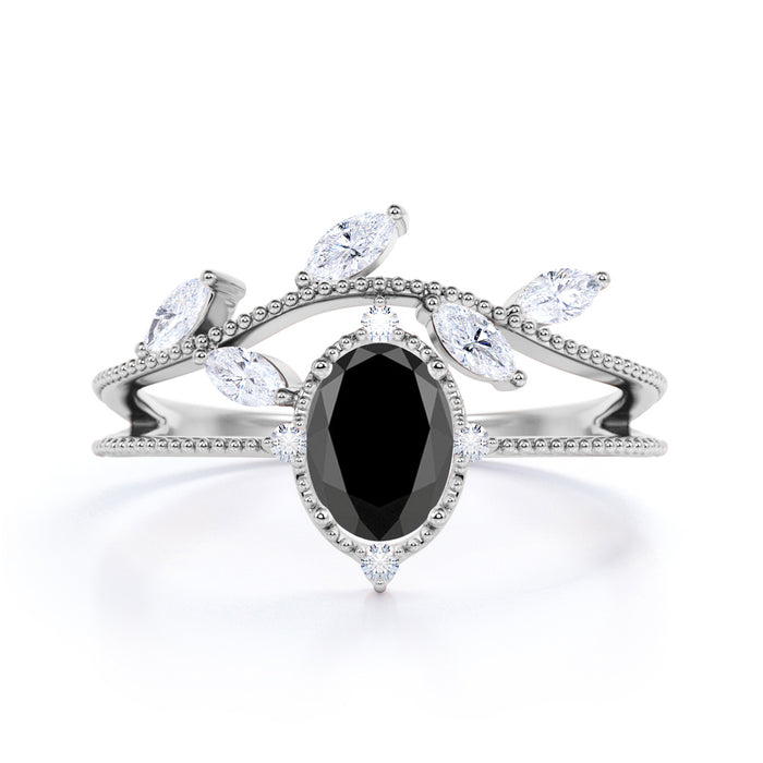 2 Carat Oval Cut Black Diamond with Marquise and Round Cut White Diamond Accents Vintage Engagement Ring in White Gold