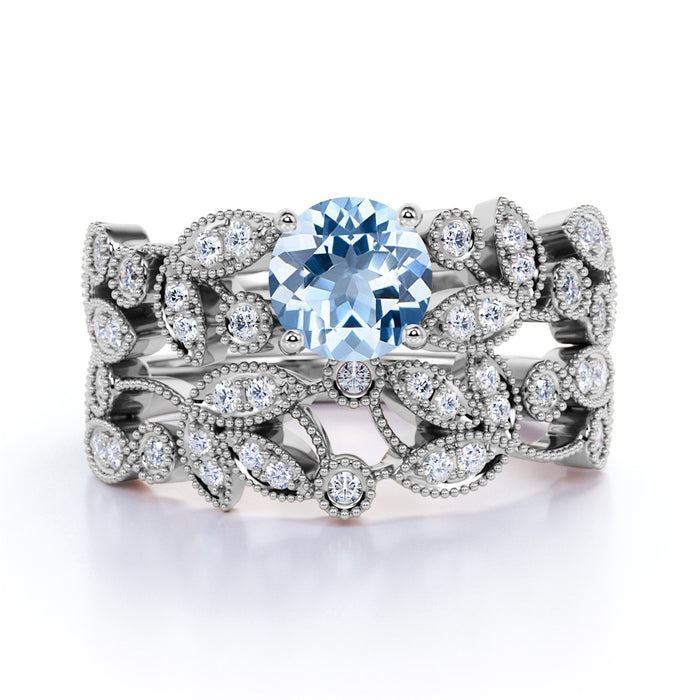 1.34 Carat Vintage Round Aquamarine & Diamond Flower Wedding Ring Set in White Gold