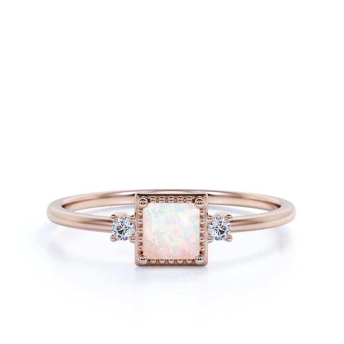 Vintage 1.5 Carat Genuine Princess Cut Fire Opal and Diamond Accents 3 Stone Engagement Ring in Rose Gold